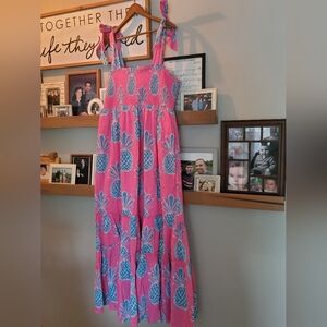 Crown & Ivy maxi dress, pink pineapple, nwt, smocked bodice, tie shoulder, XL